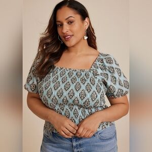 Maurices Plus Medallion Smocked Short Puff Sleeve Boho Crop Top Size XXL